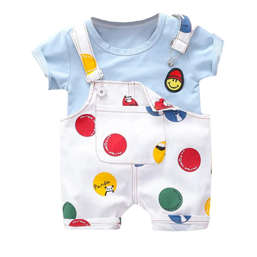 Toddler Baby Boy Girls Outfits Clothes Smile Face T-shirt+Straps Shorts 9M-3T