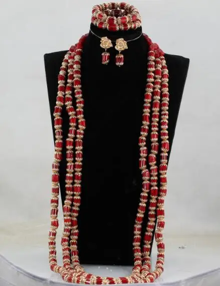 Luxury 3 Layers Red Coral Nigerian Wedding African Beads Jewelry Set 45 inches Gold and Coral Luxury 3 Layers Red Coral Nigerian Wedding African Beads Jewelry Set 45 inches Gold and Coral Long Statement Necklace Set CNR853