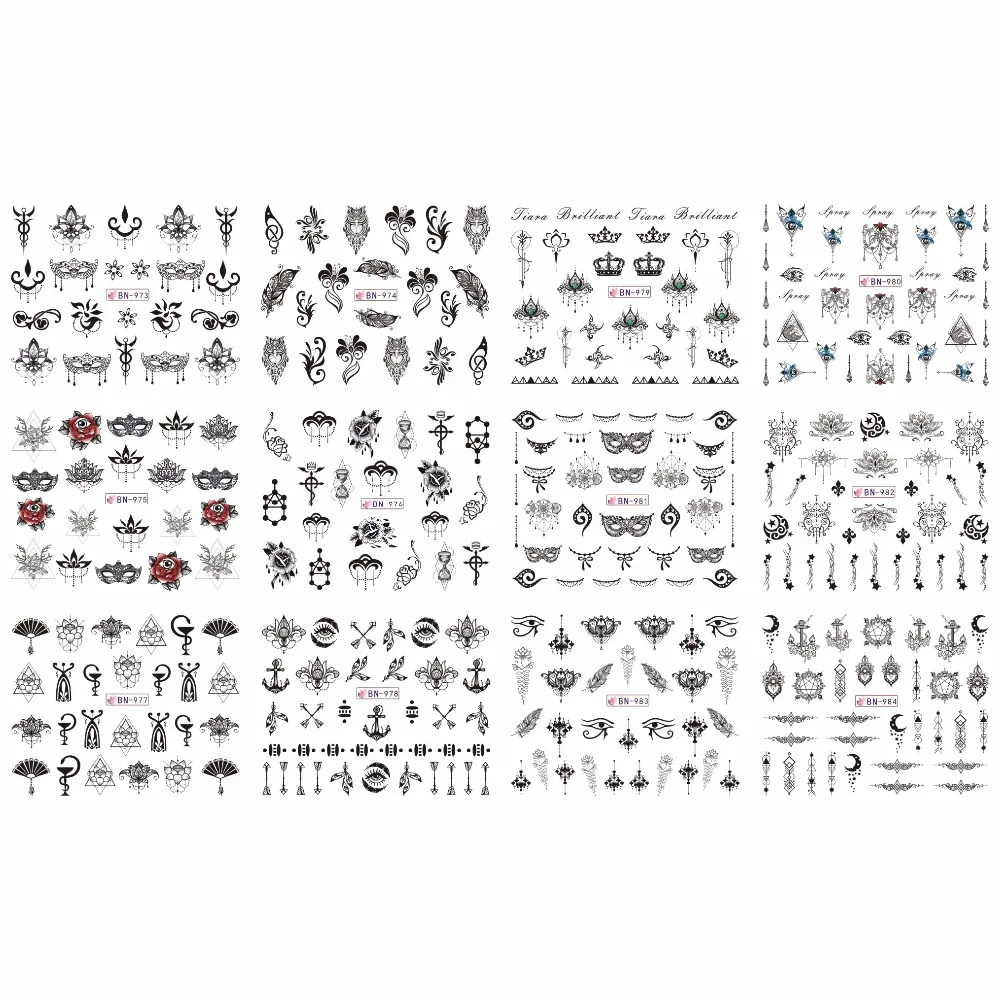 UPRETTEGO 12 упаковок/lot дизайн ногтей Красота воды Наклейка ползунок ногтей маска на глаза с перьями якорь GALAXY стрелка Луна BN973-984