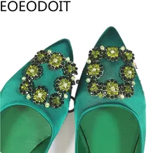 Green Rhinestone Flat Heel Shoes Women Spring Pointed Toe Square Buckle Satin Flats Shoes Wedding Shoes Loafers