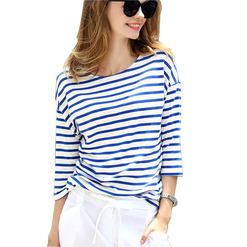 

2018 Women Summer Stripe Loose T shirt Round Neck 3/4 Sleeve Striped T-shirts Big Big Size S-XXL Casual Tee Spring Autumn Tops