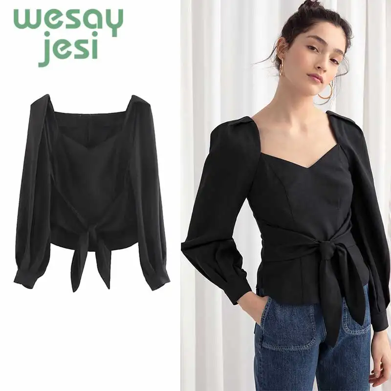 

Womens tops and blouses summer Elegant fashion black long sleeve V-neck sexy chic top female Vintage blouse
