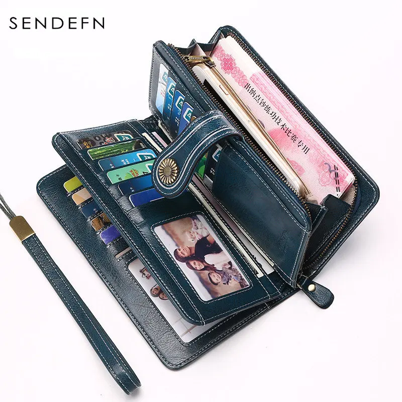 

SENDEFN Split Leather Wallet Female Long Clutch Lady Walet Luxury Brand Money Bag For Girls Strap Coin Purse For iPhone 7S