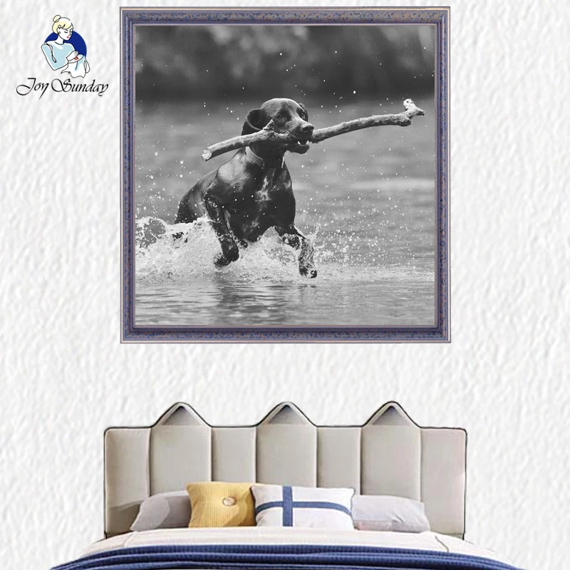 

JOY SUNDAY 5D DIY Diamond Painting Embroider Cross StitchA dog running in the water Home Decor Craft Resin Wall Art