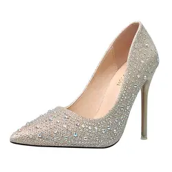 2018 Осенняя женская обувь на высоком каблуке пикантные серебряные туфли-лодочки с кристаллами модная женская обувь со стразами свадебные