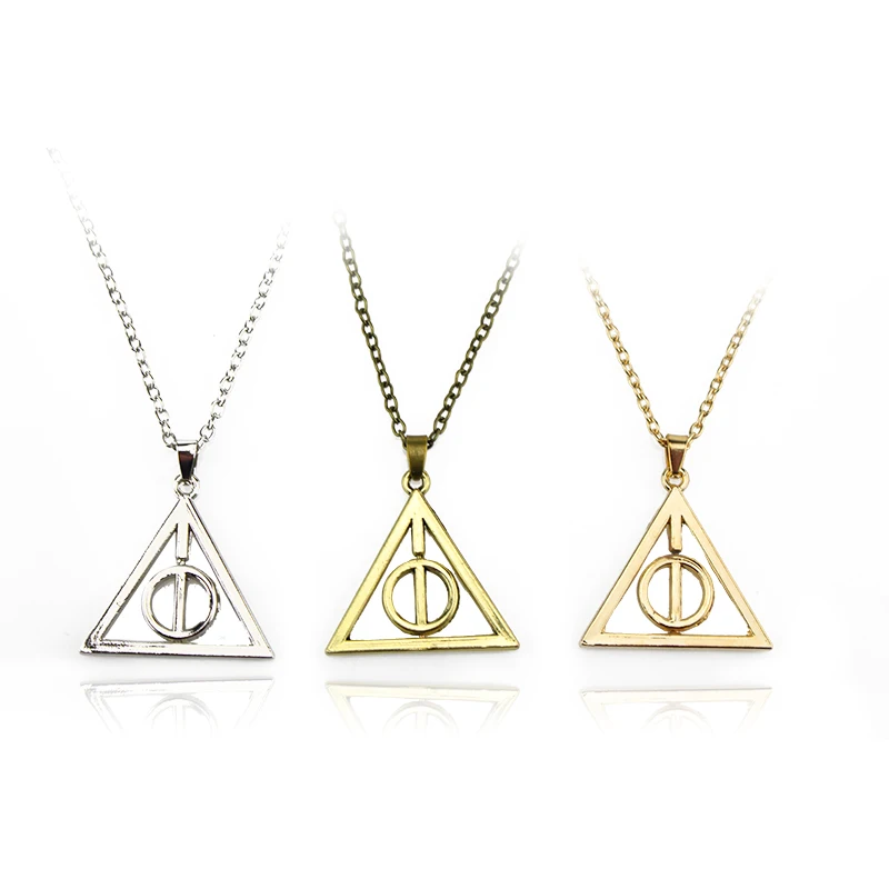 

Movie Harri Potter Necklace Vintage Retro Silver Plated Deathly Hallows Necklace Triangle Rotating Pendant Jewelry Gift