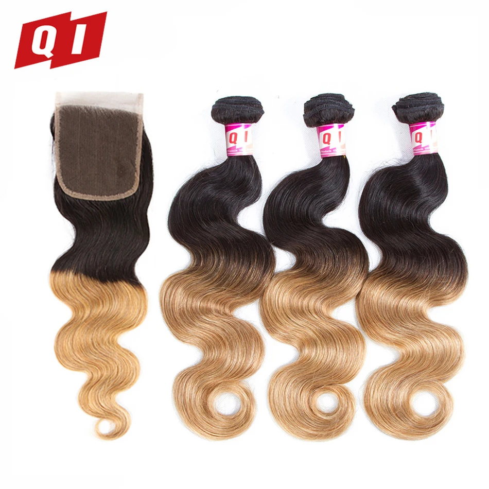 QI Hair Body Wave 100% Malaysian 3 Bundles With 4*4 Lace Closure 4 Pcs/Pack Pre-Colored 1B/27 Human | Шиньоны и парики