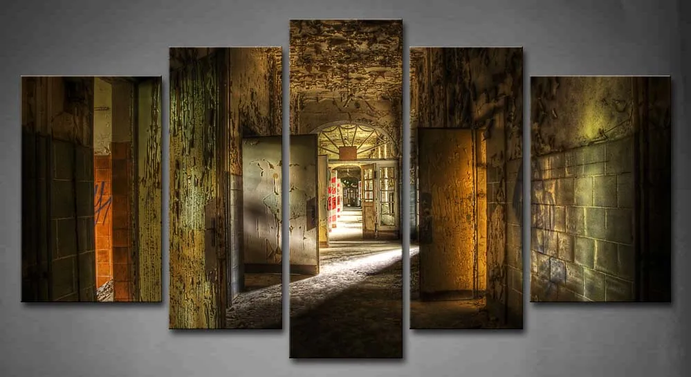 

Framed Wall Art Pictures Hallway Doors Ruins Canvas Print Artwork Architecture Poster With Wooden Frame For Living Room