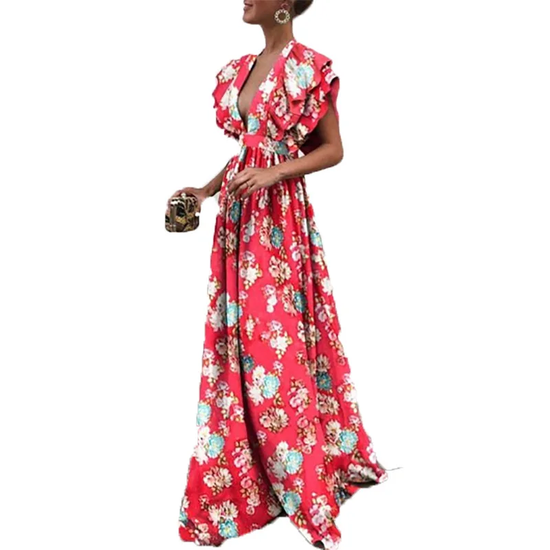 

Zmvkgsoa Casual Plus Size Summer Women Elegant Ruffles Long Party Dresses Female Sexy Deep V-Neck Floral Print Maxi Dress Y10186