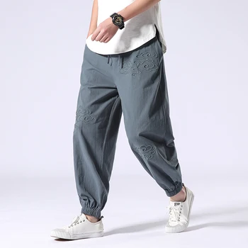 

Men Chinese Style Embroidery Loose Casual Pants Male Elastic Waist Harem Pant Joggers Sweatpants Trousers