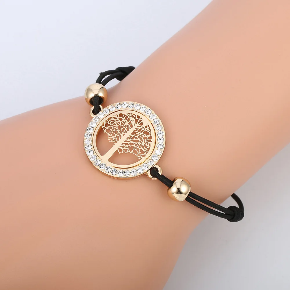 

Tree of Life Round Charm Gold Bracelet For Women Elastic Black Rope Chain Crystal pulseras mujer moda Music Note Arrows Bracelet