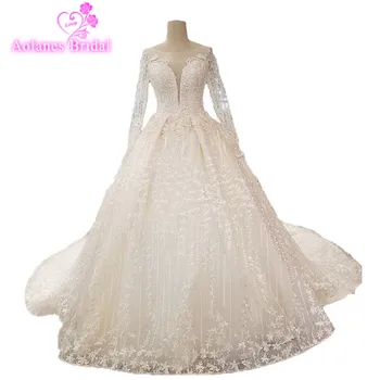 

AOLANES 2018 Long Sleeves Lace Champagne Ivory Wedding Dresses Cathedral Train Floor-length Ball Gown Backless Vestido De Noiva