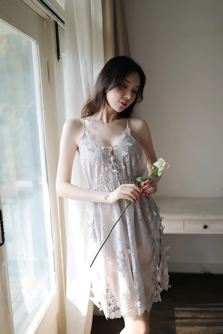 Women Sexy Nightdress Temptation Side Split Nightgown Sexy Lingerie Suspender Sheer Lace Embroidery Night Sleep Dress Nightgown