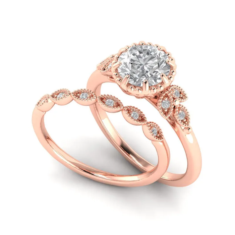 Trendy Womens Rose Gold Promise Ring Cubic Zirconia Double Rings Pair