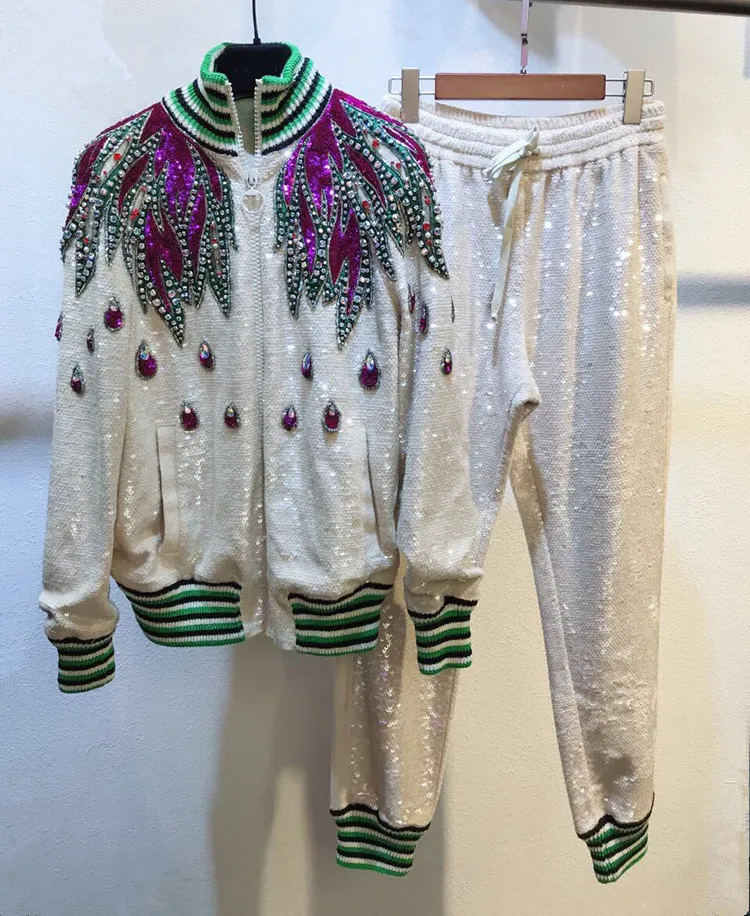 

High quality embroidered rhinestone knitting coat+casual pants two piece set Fashion women diamonds sweater cardigans suit D833