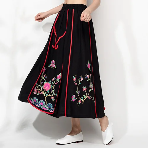 Chinese Style Patchwork Ankle length Maxi Skirt Vintage Cotton And Linen Skirt Ethnic Style