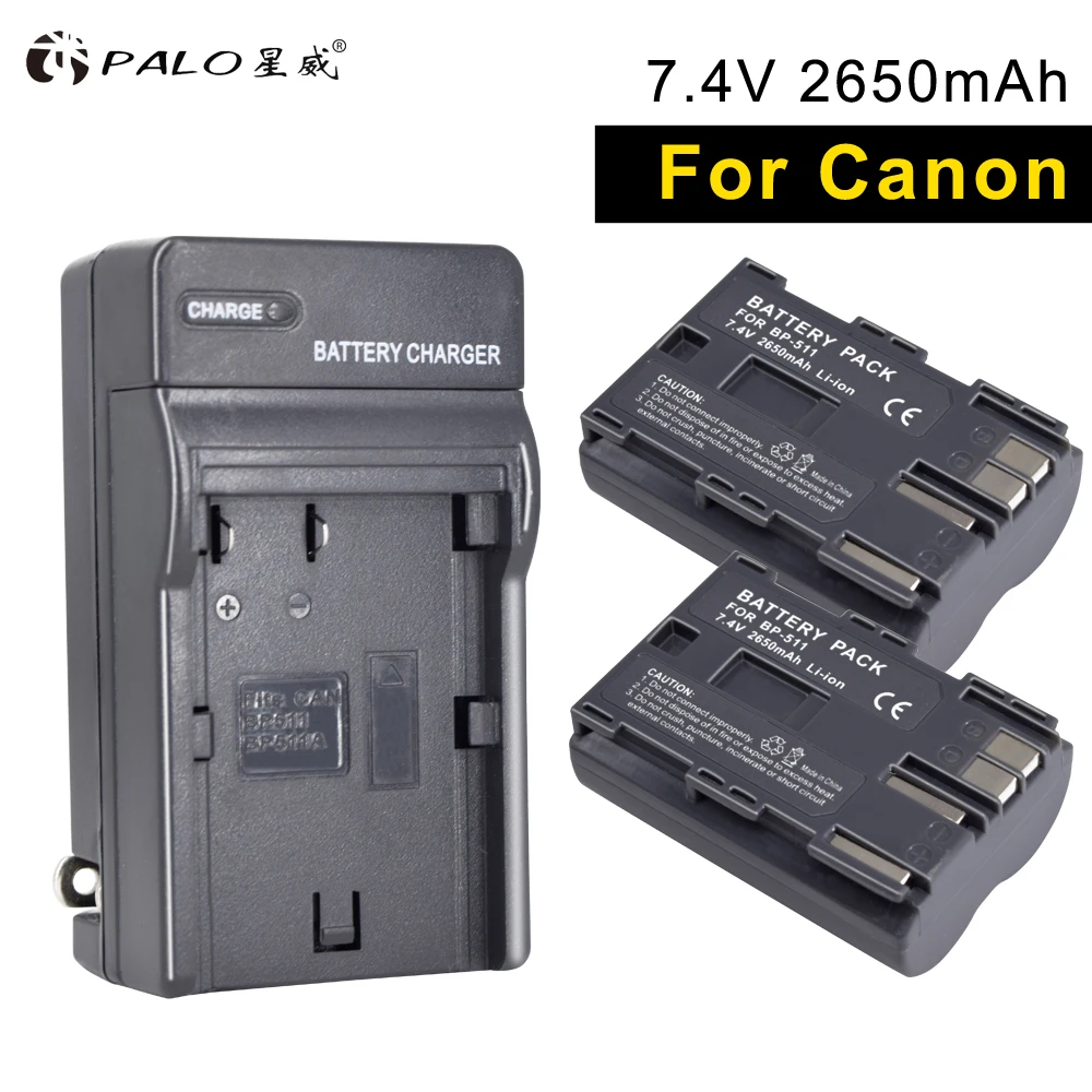 

PALO 2pcs BP-511 digital camera batteries+charge For Canon EOS-300/20D G1/3 FV300/40KIT V2501 MV400/650/800i MVS100/150i 2R20 MC