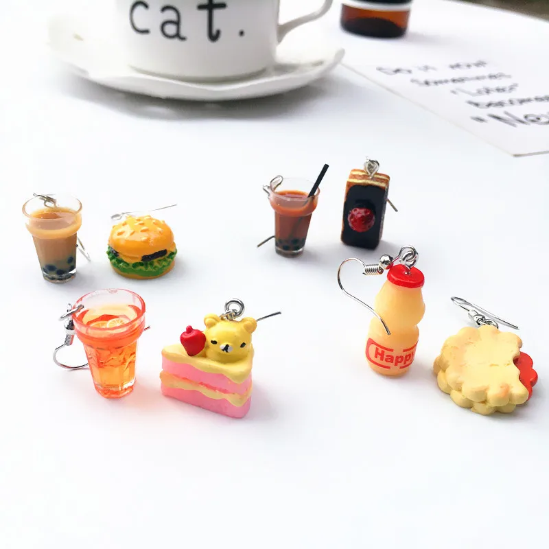 

Interesting Cake Bubble Tea Asymmetric Drop Earrings Acrylic Milk Tea Hamburg Food Earring for Girl Funny Party Unique Jewelry