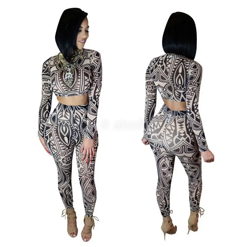 Для женщин Дамы с длинным рукавом Прозрачный Bodycon печатных клубный комбидресс