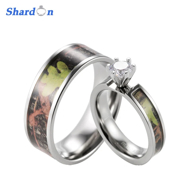 

SHARDON Green Camo Engagement Wedding Ring Set Titanium 6 Prong Setting CZ Engagement Ring with Men's Wedding Band-2pcs