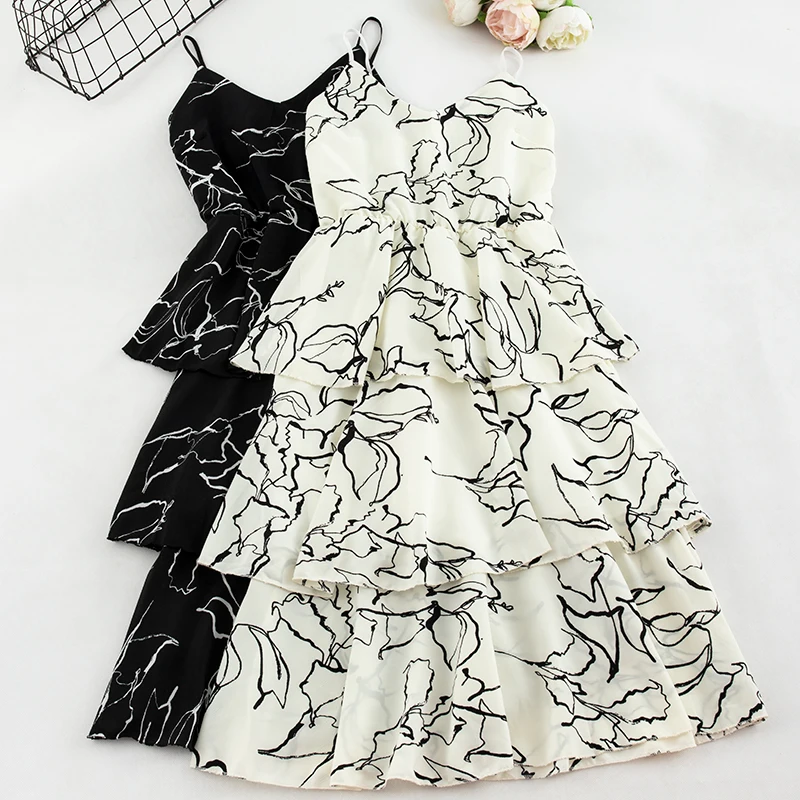

SKOONHEID Bohemian print strap dress women summer casual cascading ruffle sundress A-Line midi chiffon sleeveless white dress