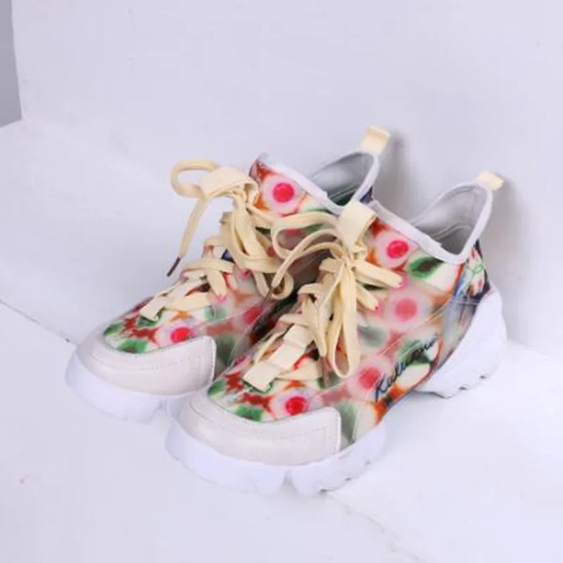 

Women Chunky Sneakers Fashion Flowers Summer Ladies Platform Shoes Breathable Lace-up White Women's Vulcanized shoes