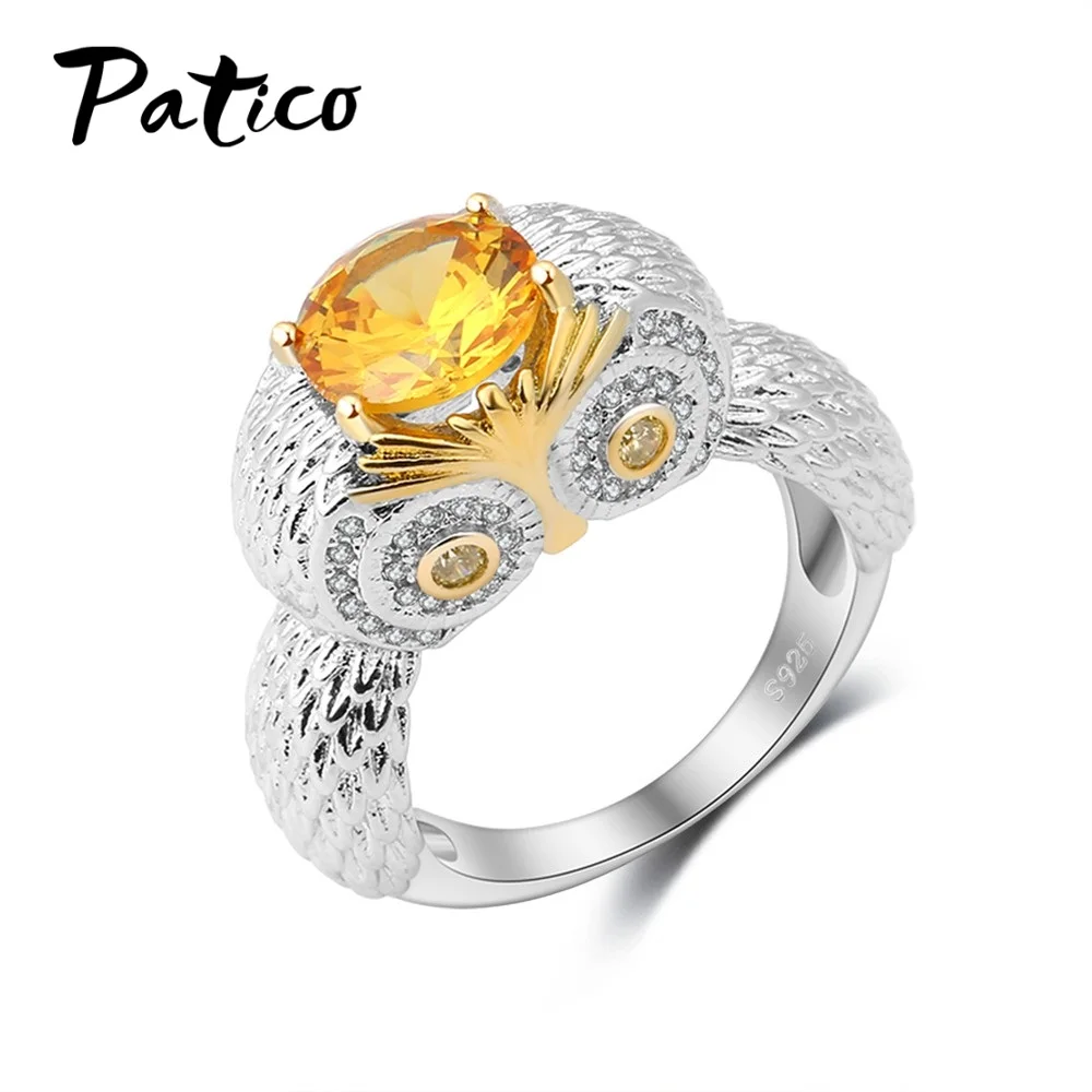 

PATICO Vintage 925 Sterling Silver Night Owl Charms Rings for Female Yellow Oval Crystal Cubic Zircon Stone Jewelry Bague