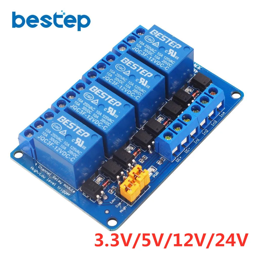 

3.3V 5V 12V 24V 4 Channel Relay Module High and low Level Trigger Dual Optocoupler Isolation Relay Module