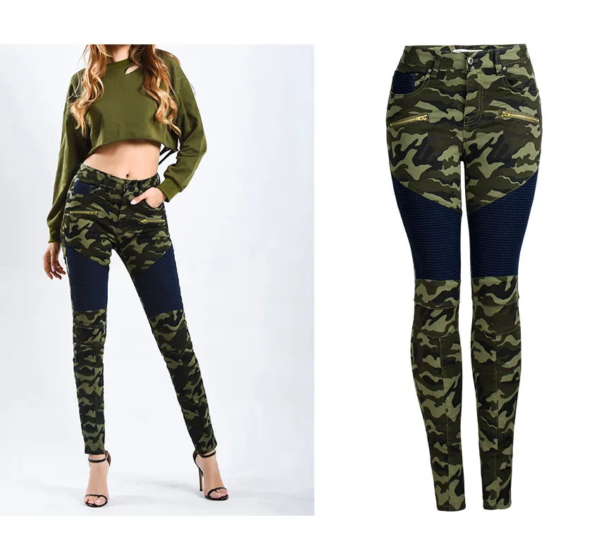 Motorcycle trousers for women stretch trim camouflage printed trousers with denim pencil trousers (2)