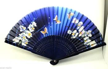 

Pretty Silk Bamboo Folding Fan Blue Flowers & Butterfly Wedding Party Decor