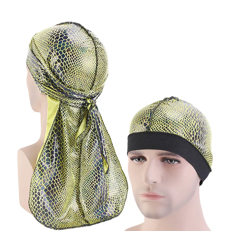 

Unisex corcodile pattern Silky Durag Long Tail Wide Straps Waves men Solid Wide Doo Rag Bonnet Cap hair accessories