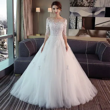 Fashion Simple 100 CM Long Train Vestido De Noiva 2020 New style Three Quarter Plus size Wedding Dress Lace Tulle Bride Illusion vintage wedding dresses Wedding Dresses