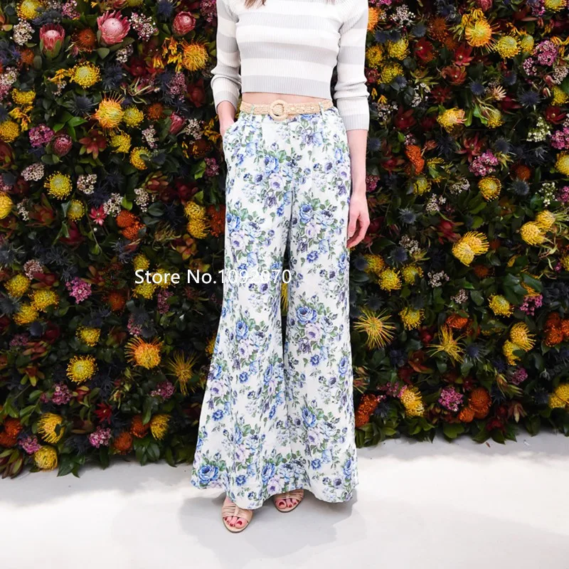 

Women Azure Wallpaper Floral Print Breeze Floral Slouch Pants Breeze Bohemian Wide-leg Pants With Belt Loops