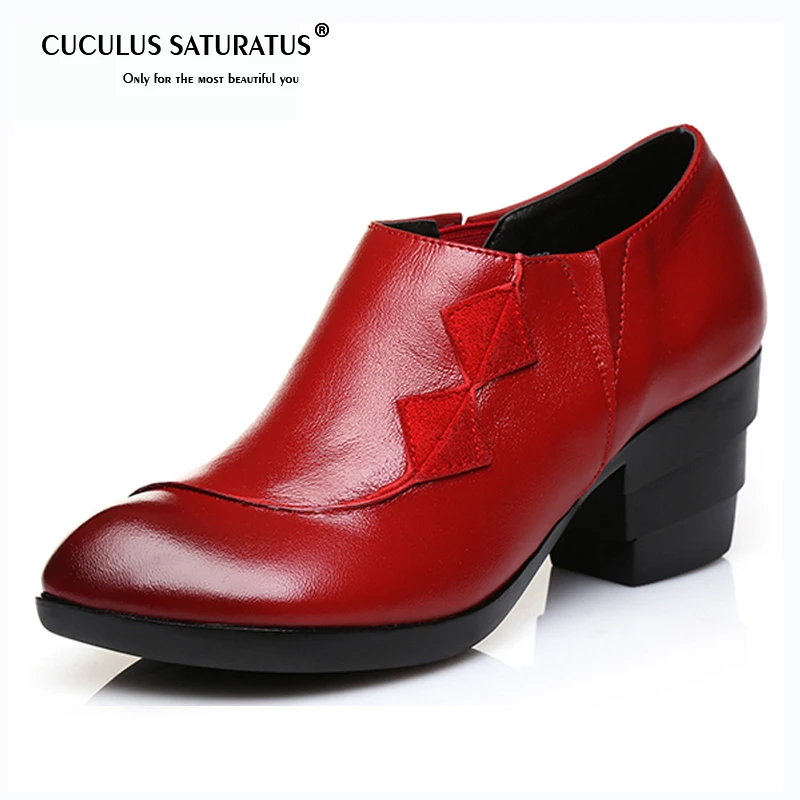 

Cuculus Original Handmade Cowhide Leather Shoes Woman High Heel Shoes Thick Retro Pointed Women Shoes Fashion High Heels 1905