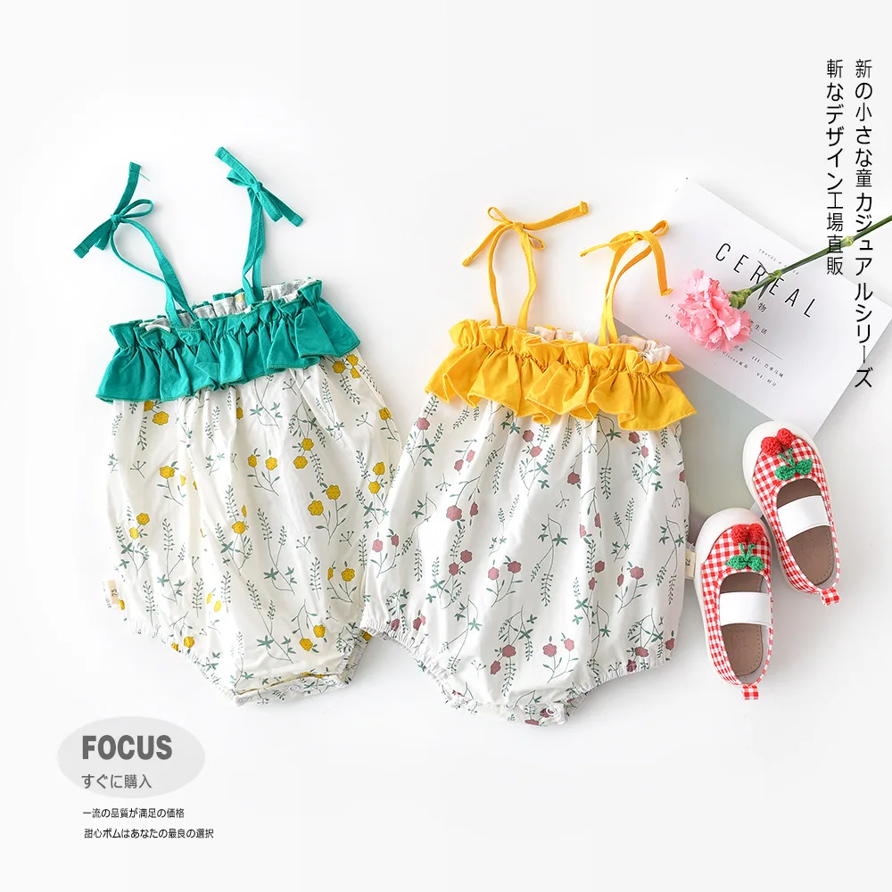 

1484 Baby Flower Sling Romper Newborn Summer Sleeveless Princess Floral Outfits Suspended Cotton Romper