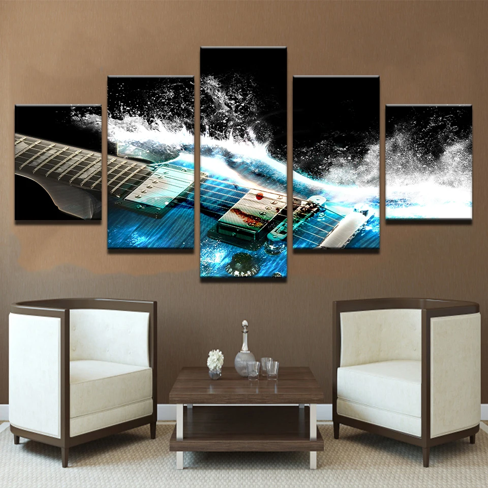 Abstract Blue Guitar Paintings - Set of 5 Pieces - Artryst Canvas Wall Art Pictures for Living Room Home Decor - Modular HD Prints Poster Frame image 2