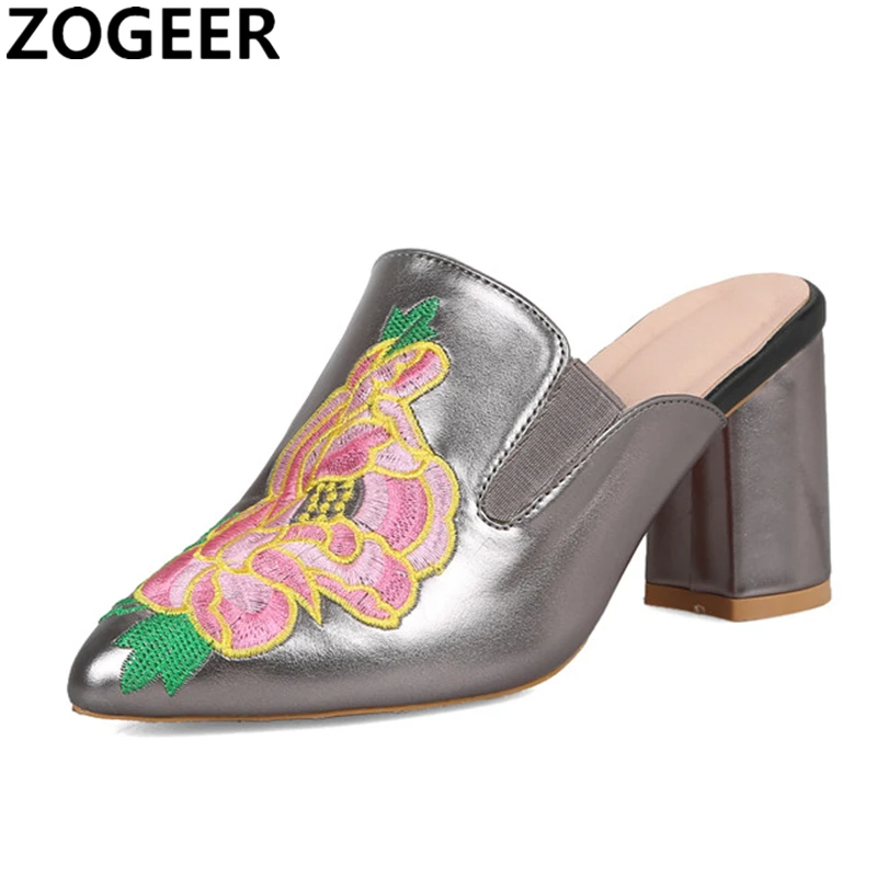Luxury Embroidered High Heels Mules Lady Slippers Slip On Pointed Toe