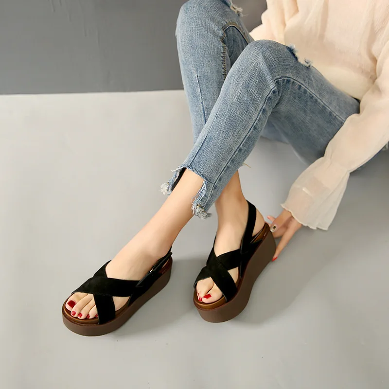 

Fashion Women Summer Open Toe Shoes Buckle Strap Platform Women Sandals Solid Cross-strap Wedges Shoes