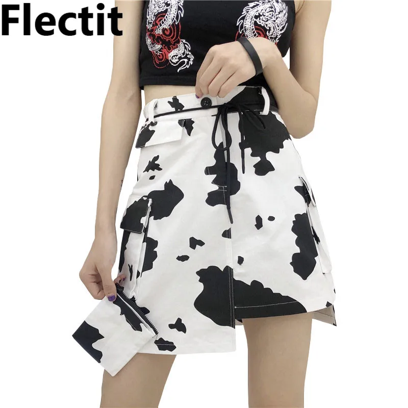 

Flectit Friesian Cow Print Cargo Skirt Harajuku Patched Pocket Asymmetrical A-Line Short Skirt Korean Fashion Women Outfits Saia