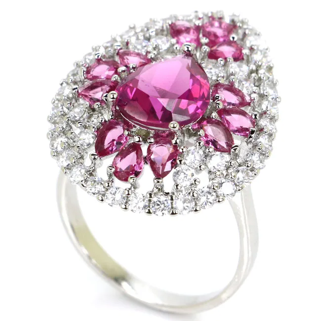 

7.75# Gorgeous Pink Tourmaline SheCrown White CZ Silver Ring 28x23mm