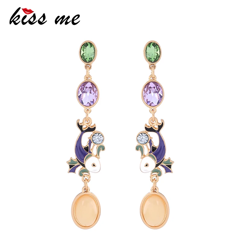 

KISS ME Women Long Earrings Unique Purple Enamel Fish Crystal Drop Earrings for Women Jewelry Accessories