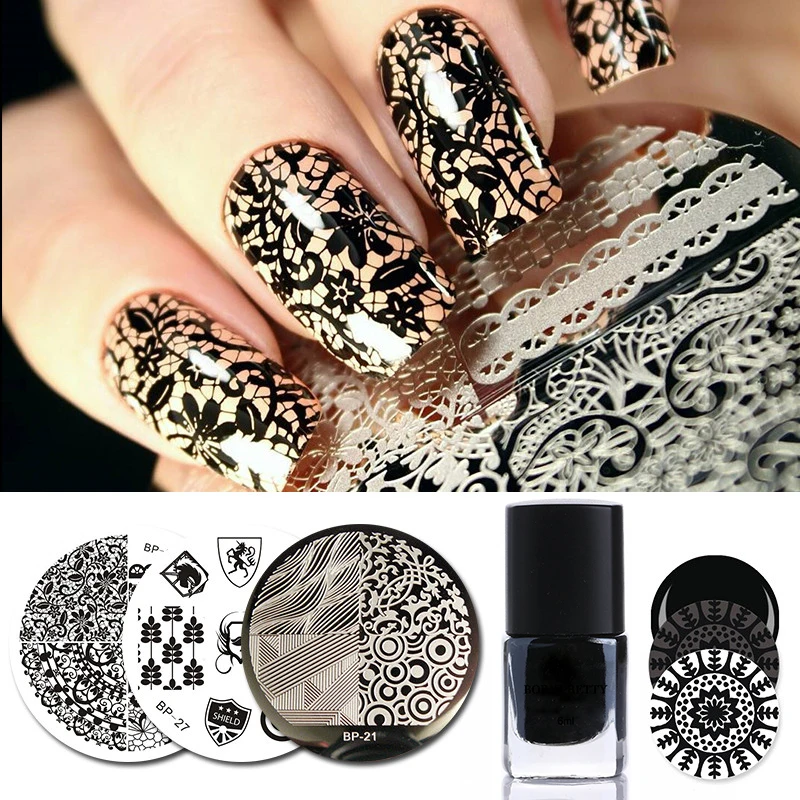 

BORN PRETTY 3Pcs Nail Template Set Stamping Plate Flower Lace Dot Round With 6ml Black Stamping Polish