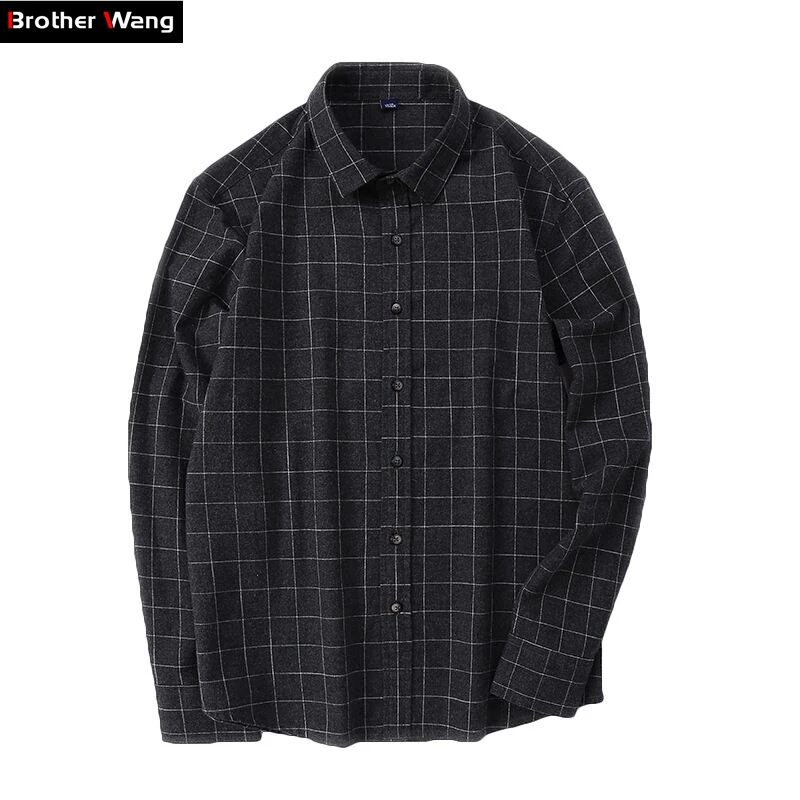 

Brother Wang Brand 2019 New Men's Casual Plaid Shirt 100% Cotton Business Fashion Slim Social Long-sleeved Shirt Dress Shirt