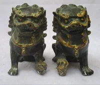 

1 Pair of Chinese old bronze carved fu foo dog Sculpture /Antique dog statue