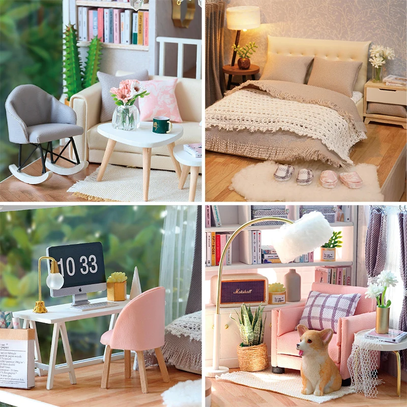 Furniture Doll House Wooden Miniature DIY DollHouse Furniture Kit Assemble with Dust Cover Doll Home Toys For Christmas Gift