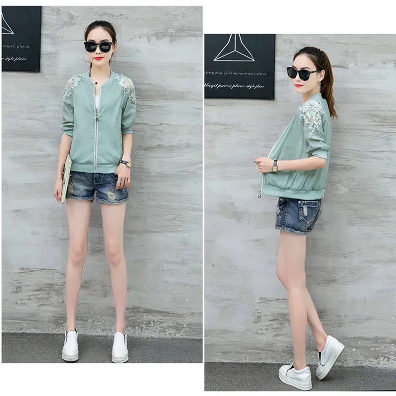 incredible  New Women Basis Embroidered Short Jacket Summer Net zipper Casual Long Sleeved Thin Coats Ladies Vi