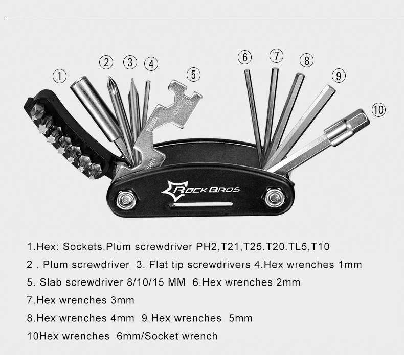 ROCKBROS 16 в 1 Набор велосипедных инструментов для горного велосипеда Многофункциональный ремонтный набор инструментов шестигранный спицевой гаечный ключ Горный Цикл Отвертка Инструмент