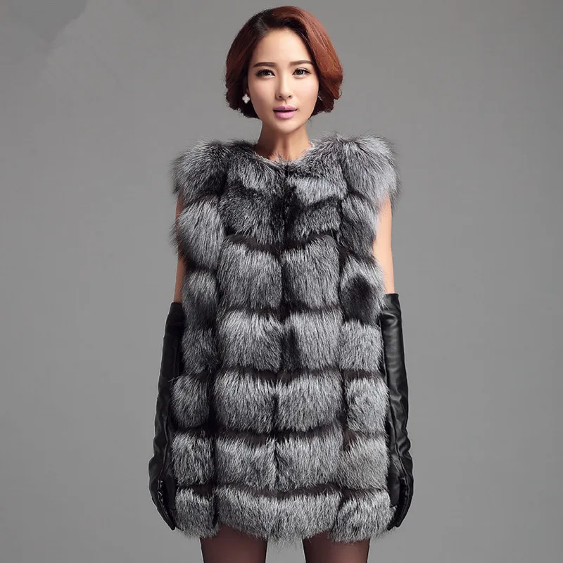 

Medium-long design women's winter fur coat natural real silver fox fur vest for office ladies