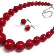 Природные красивые 6- 14 мм красный коралл круглых бусины серьги ожерелья 1" установить серебряную крюк ожерелья быстрая