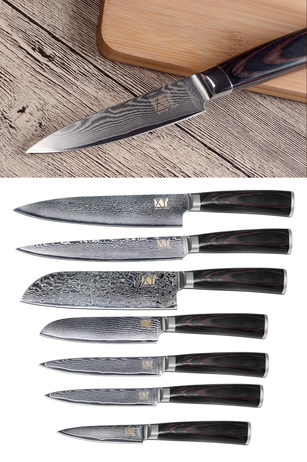 XYj кухонный нож, Дамасские Ножи VG10 Core, 7 шт. в наборе, высококачественный японский дамасский стальной нож с красивым узором, кухонные инструменты для приготовления пищи